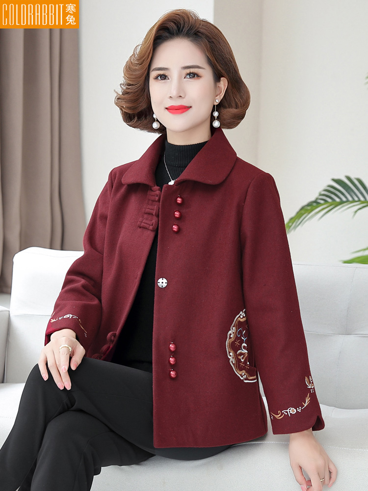 婚宴妈妈礼服毛呢外套中年女秋冬装高贵洋气中老年结婚喜婆婆上衣