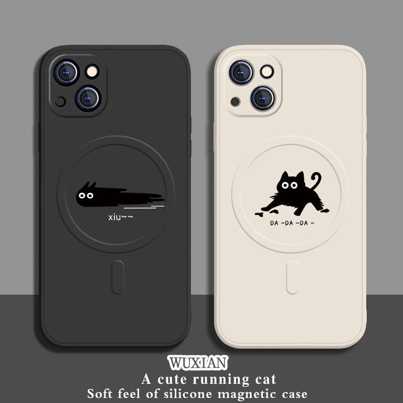 适用苹果14promax手机壳情侣小猫iPhone15趣味创意magsafe磁吸无线充电ip13mini黑猫11新款12保护套plus硅胶
