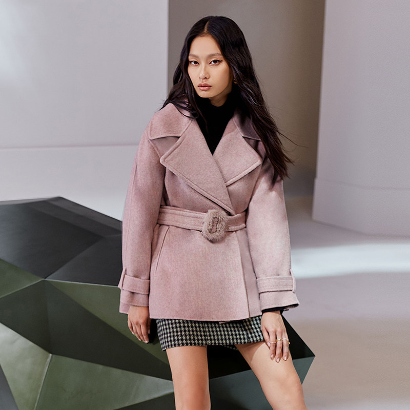 ochirly欧时力2021新款春装大翻领配腰带羊毛呢外套女1ry4340160