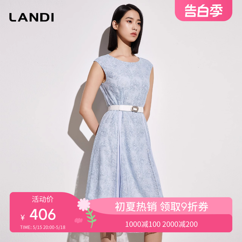 LANDI蕾丝印花收腰连衣裙女夏季新款圆领无袖气质裙子