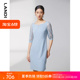 LANDI蓝地夏季新款网纱袖拼接设计感收腰连衣裙女五分袖中长裙
