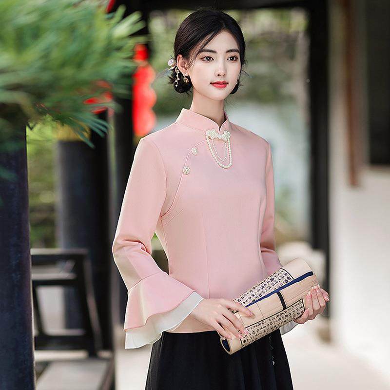 秋冬长袖旗袍套装中式民国风少女唐装上衣复古中式茶人服汉服仙气