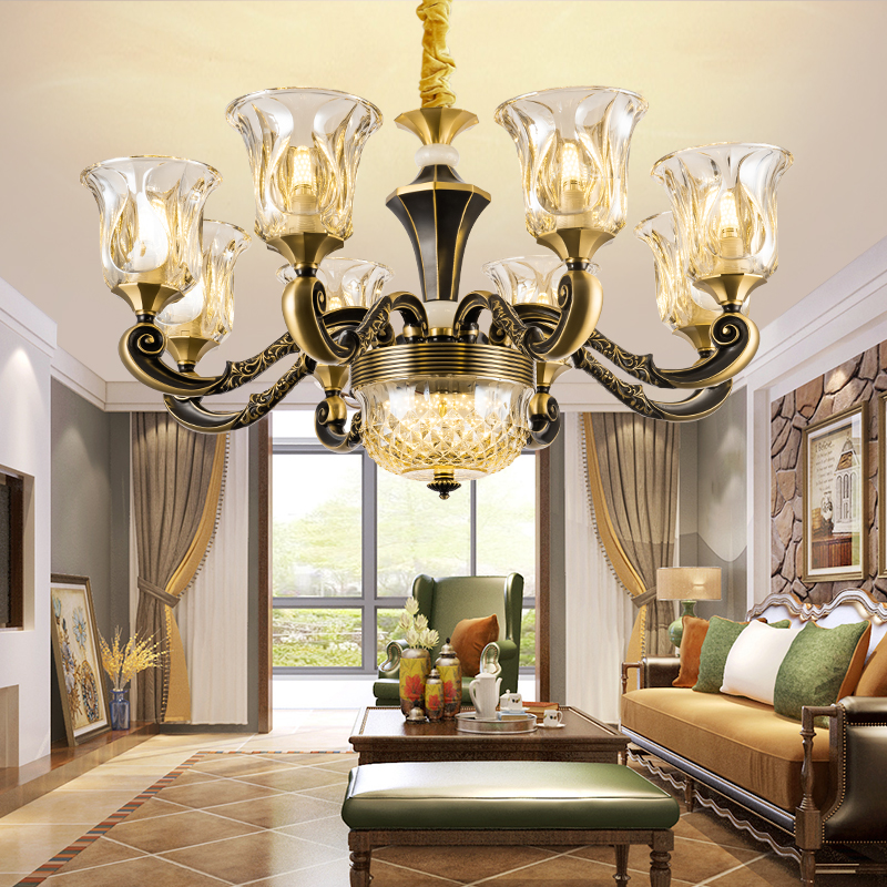 美式吊灯全铜客厅灯具欧式奢华大气别墅家用新款卧室餐厅复古铜灯