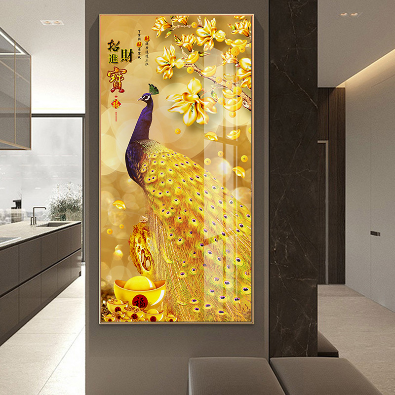 新中式玄关装饰画孔雀开屏钻石画走廊入户挂画寓意好客厅尽头壁画