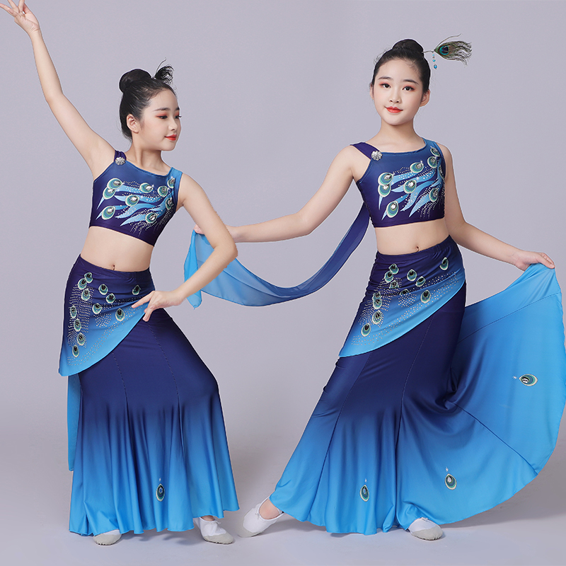 六一幼儿傣族舞蹈演出服装云南孔雀民族表演服修身鱼尾裙舞台女童