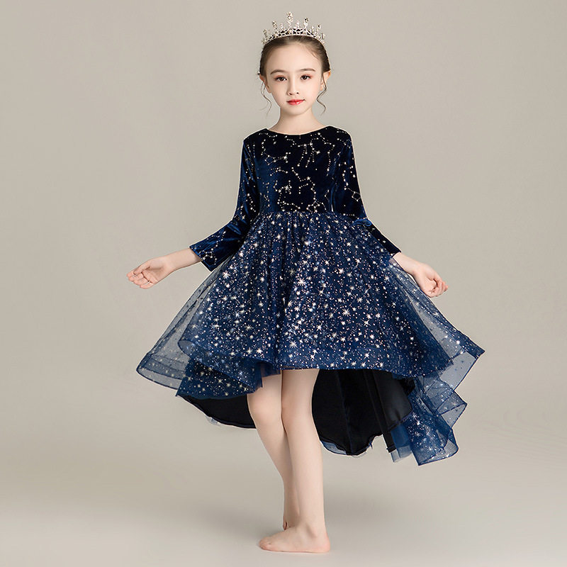 女童蓝色婚纱晚礼服拖尾加绒小公主可爱儿童走秀主持人钢琴演出服