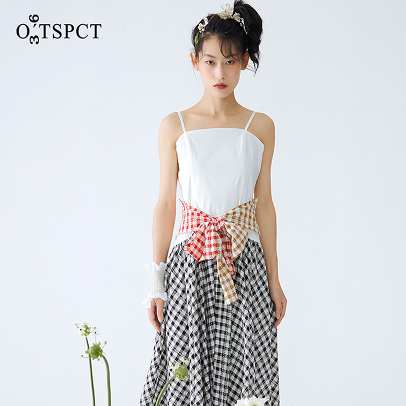 O36TSPCT原创设计师绑带无袖法式吊带连衣裙夏季少女甜美格纹裙子