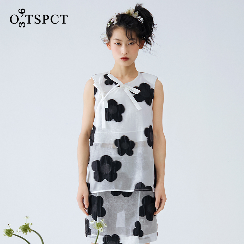 O36TSPCT原创设计师女装时髦新中式系带独特个性黑白提花夏季上衣
