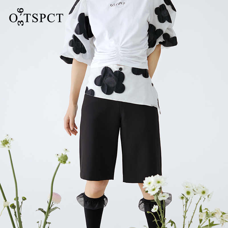 O36TSPCT原创设计师女装气质可拆黑白拼接西装短裤女夏季五分裤