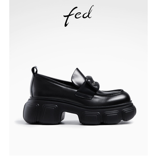 fed黑色小皮鞋秋季新款女鞋厚底增高乐福鞋单鞋女款R0828-YAB681