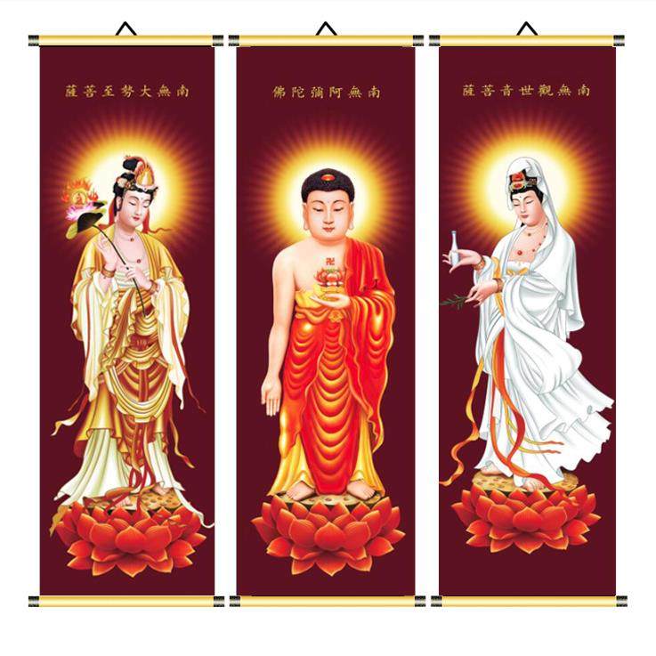 佛像挂画西方三圣卷轴供奉三联砂金轴帆画布现代装饰画