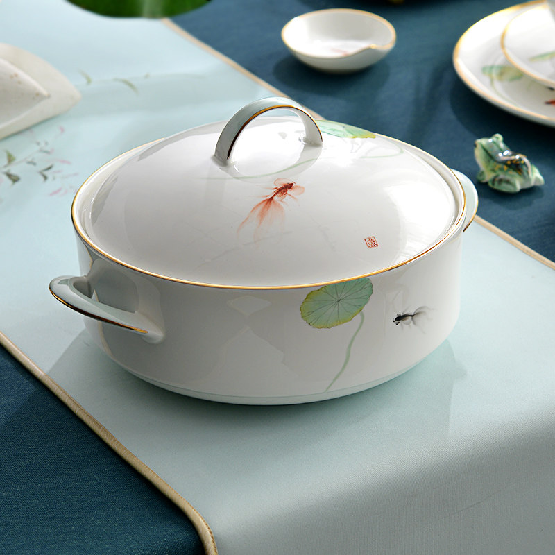 品锅带盖家用餐具骨瓷盛汤盆创意9英寸陶瓷双耳汤盆酒店大号汤碗