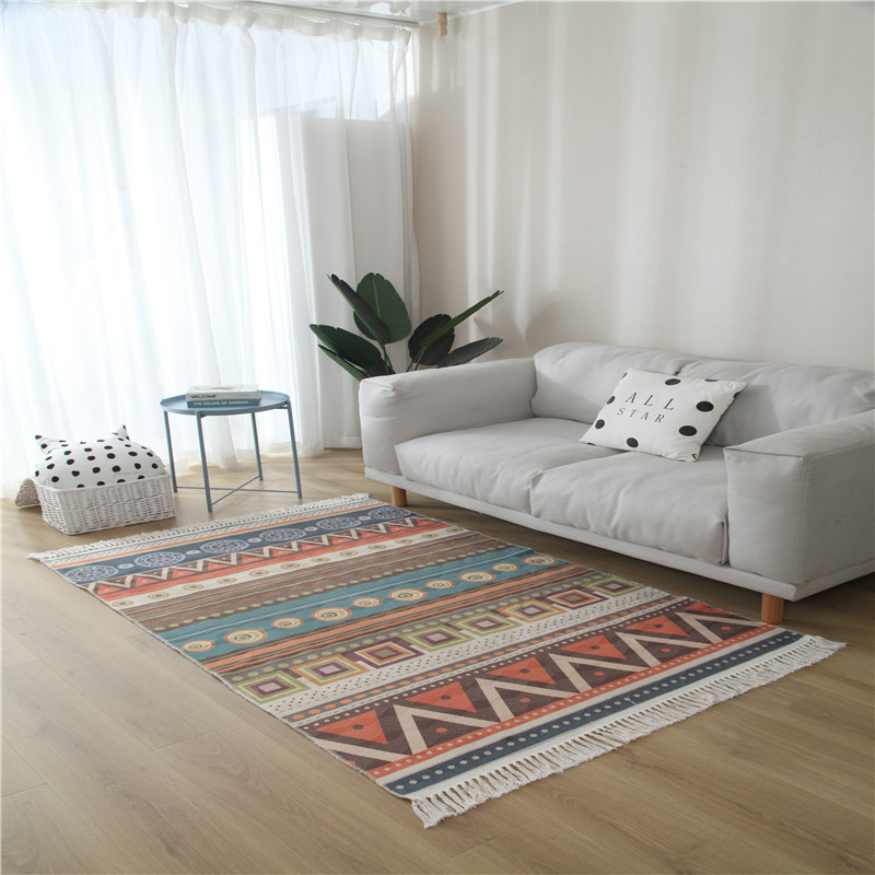 北欧简约棉麻地毯亚麻编织日式卧室床边毯家用客厅装饰地垫可机洗