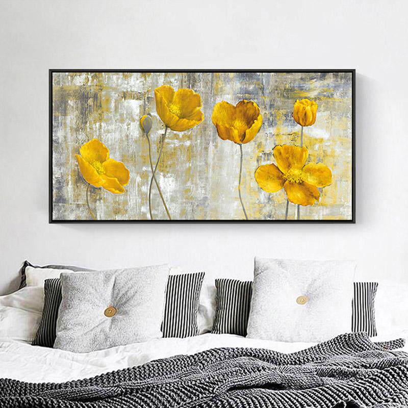 手绘花卉油画现代简约北欧客厅装饰画卧室床头横幅挂画餐厅画黄色