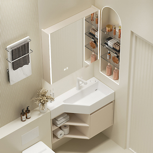 浴室柜组合奶油风陶瓷一体盆窄边小户型P型洗手盆池洗漱台控下水