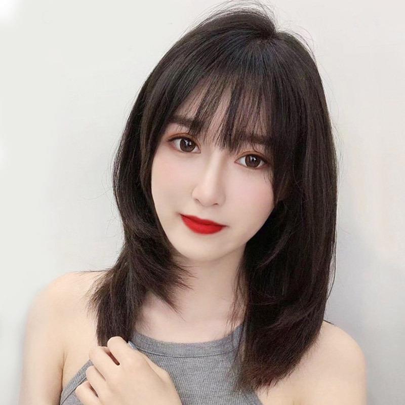 假发女长发空气刘海锁骨发真发假发波波头全头短发圆脸真人发头套