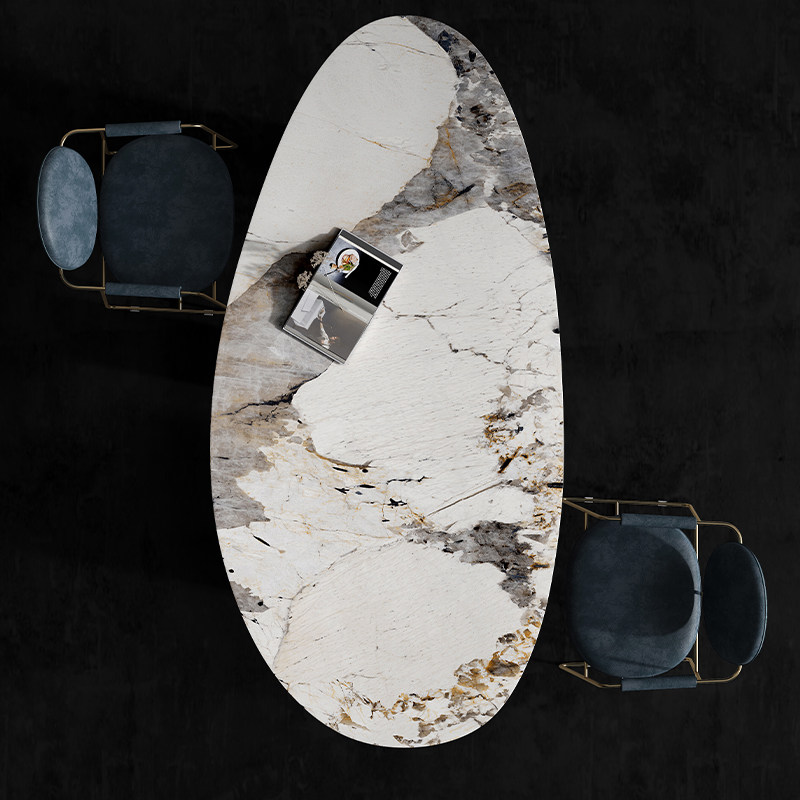 ldad意大利轻奢古铜色不锈钢拉丝椭圆大理石奢石岩板餐桌异形饭桌