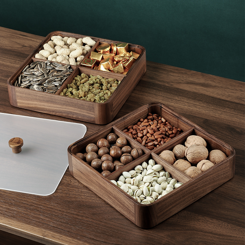 黑胡桃多层实木干果盒家用客厅茶几分格糖果盒干果盘过年零食摆盘