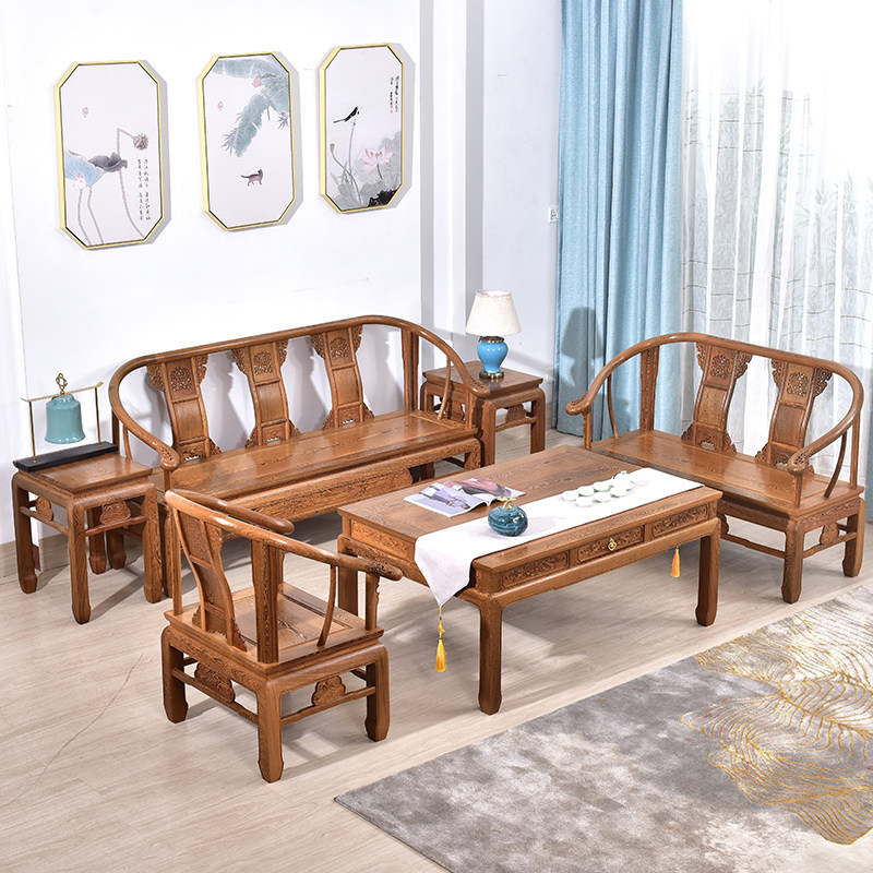 红木家具全鸡翅木皇冠沙发八件套仿古中式实木客厅沙发椅茶几组合