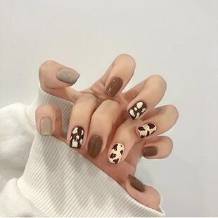 yoyo定制 秋冬色系2021年新款焦糖咖啡奶牛美甲 穿戴甲成品贴片甲