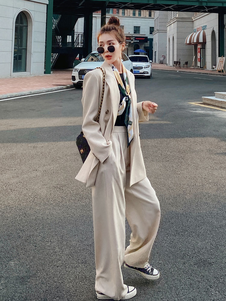 米白色西装阔腿裤两件套女2022春秋休闲气质职业英伦风时尚套装女