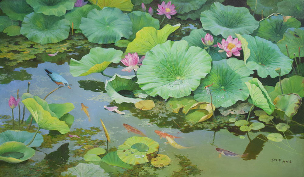 郑炳勋 《荷花池》 朝鲜一级艺术家油画 白虎创作社