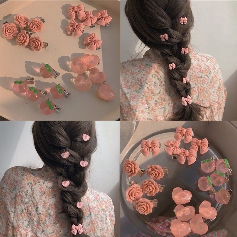 甜美的粉色发夹系列少女蝴蝶结水蜜桃山茶花桃心边夹发饰头饰发绳