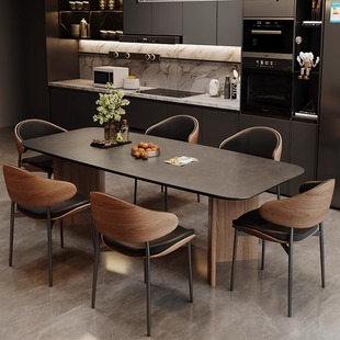 黑胡桃色法式复古风实木餐桌现代简约轻奢意式极简黑色岩板餐桌椅