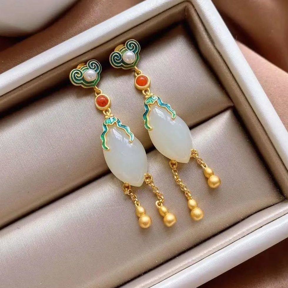 故宫古风耳坠中国风古典民族风复古耳环宫廷烧蓝珍珠天然耳饰女—耳夹