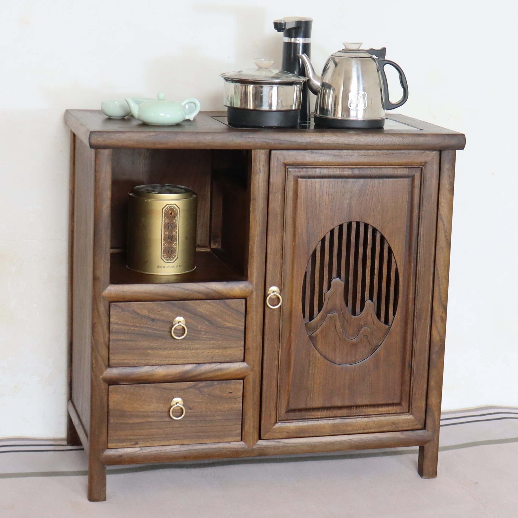 新中式茶水柜简约客厅实木餐边柜榆木移动小茶台多功能置物架矮柜