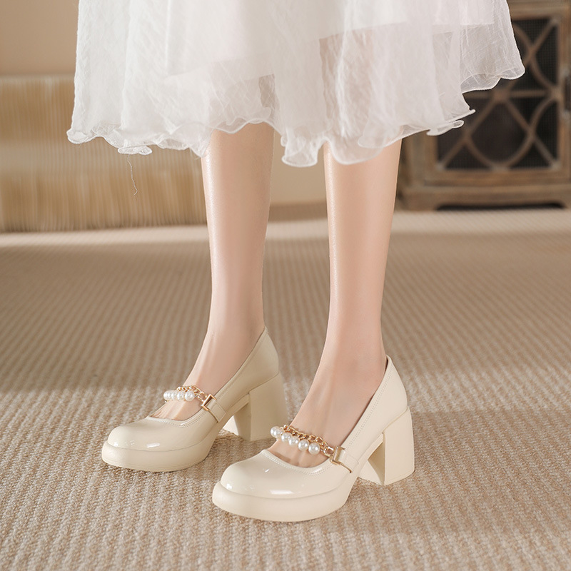 真皮法式玛丽珍鞋小众设计气质高级感粗跟单鞋链条珍珠圆头高跟鞋