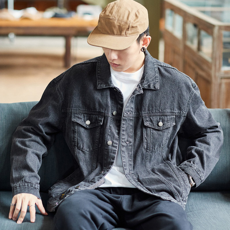 唐狮牛仔外套男春秋季外套韩版潮流宽松帅气青年黑色牛仔夹克外套
