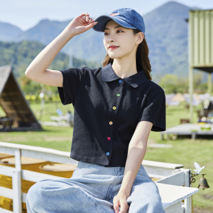 唐狮夏短袖t恤女别致短款粉色上衣设计感小众甜美polo衫打底衫潮