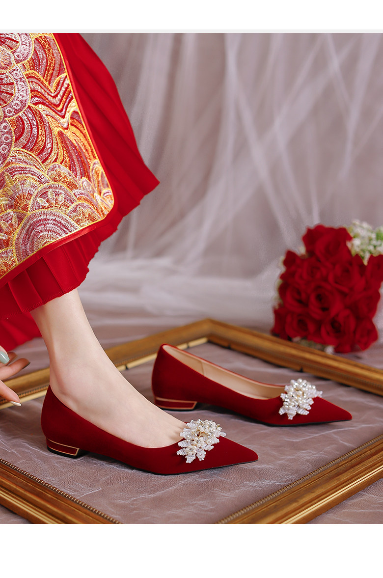 平底婚鞋女孕妇可穿秀禾鞋红色新娘鞋防滑中式敬酒服结婚鞋子单鞋
