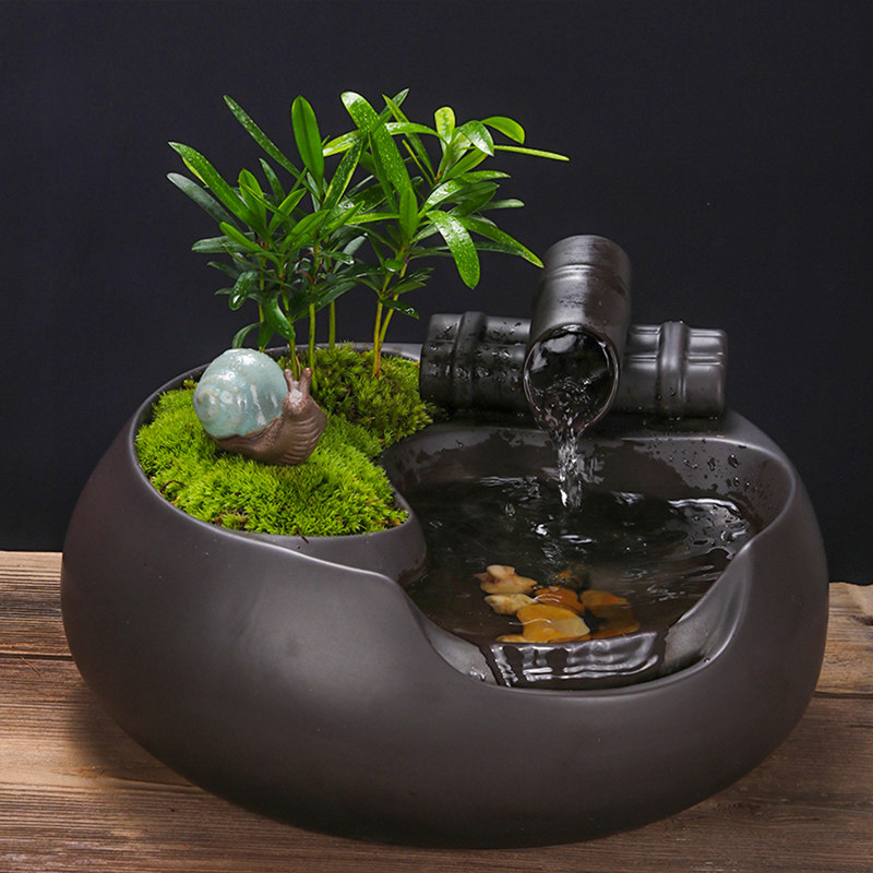 中式创意流水摆件招财简约办公室家居植物盆景陶瓷循环水开业礼品