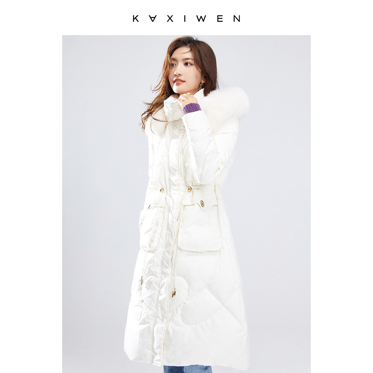 商场同款佧茜文羽绒服2021年新款冬装连帽毛领收腰白鸭绒外套