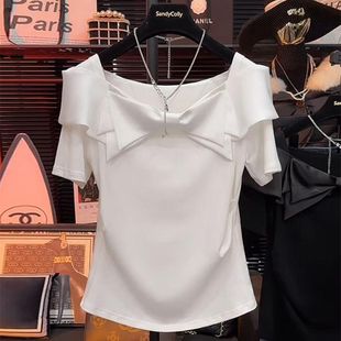 白色短袖t恤女2024年夏季新款修身显瘦体恤一字肩蝴蝶结短款上衣