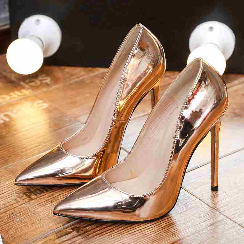 银色高跟鞋女12cm超细跟尖头浅口10cm香槟色法式少女时尚职业女鞋