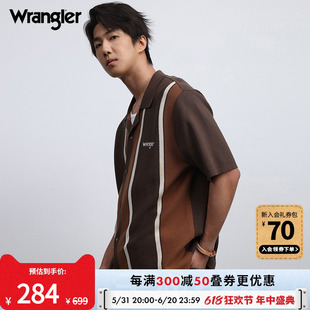 Wrangler威格24夏季新款男美式学院风复古翻领针织竖条纹短袖衬衫