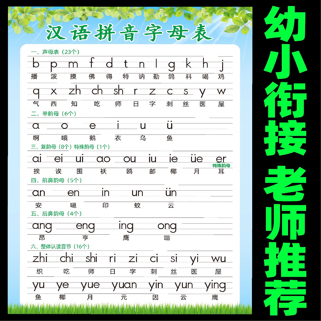 一年级小学生汉语拼音字母表aoe声母韵母整体认全套儿童挂图墙贴
