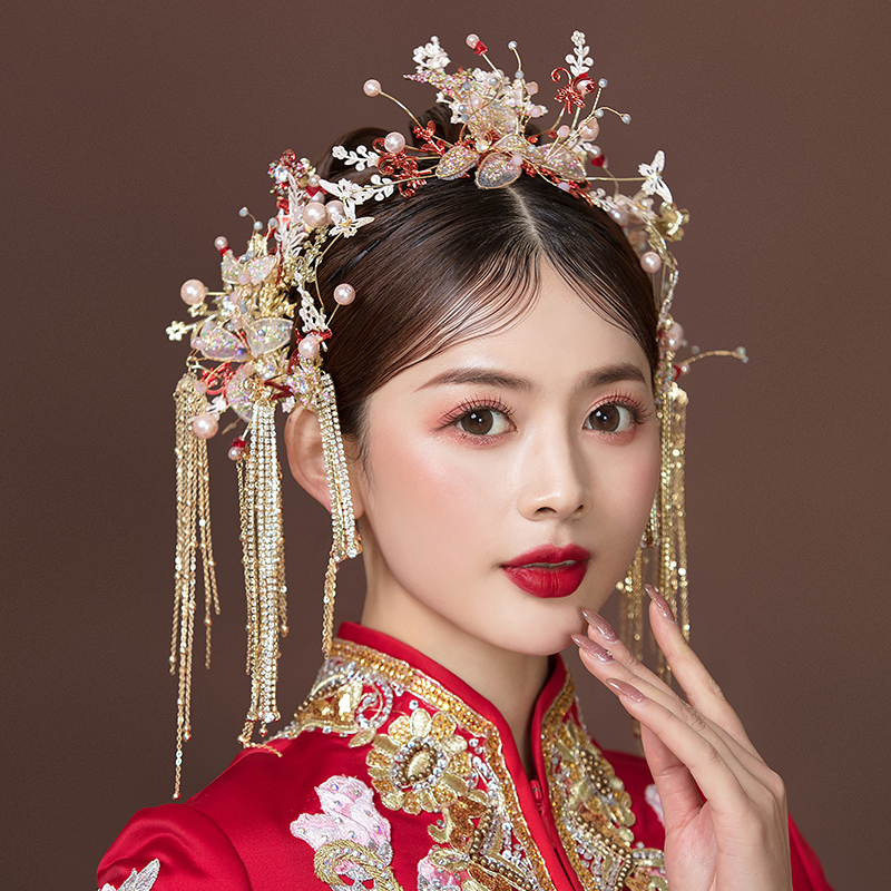 秀禾头饰新娘2021新款皇冠秀禾服发饰中式三件套盘发敬酒凤冠头饰