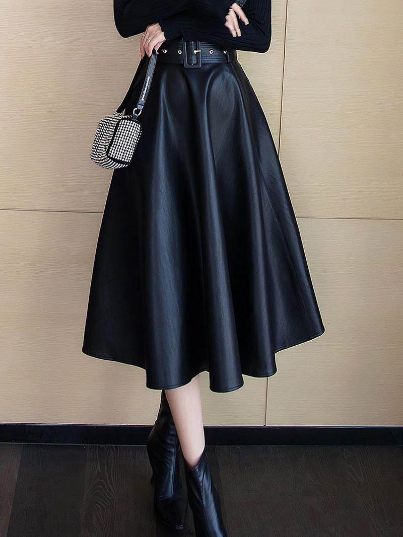 韩国黑色小皮裙半身裙女2021秋冬高腰大摆伞裙中长款显瘦a字长裙