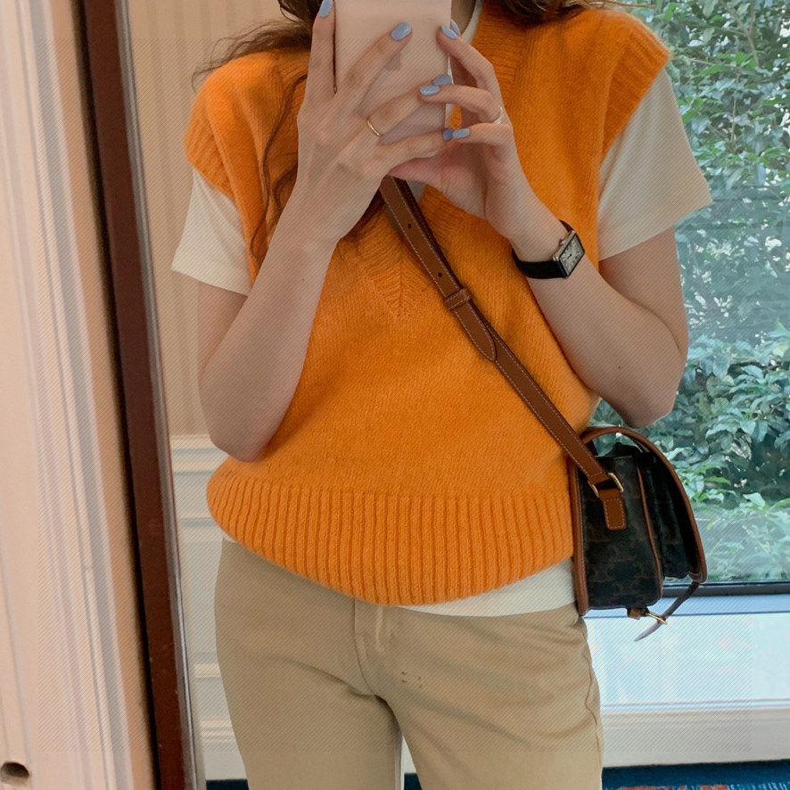 橙色坎肩女外套马甲针织短款外穿毛坎肩百搭学生包裹袋