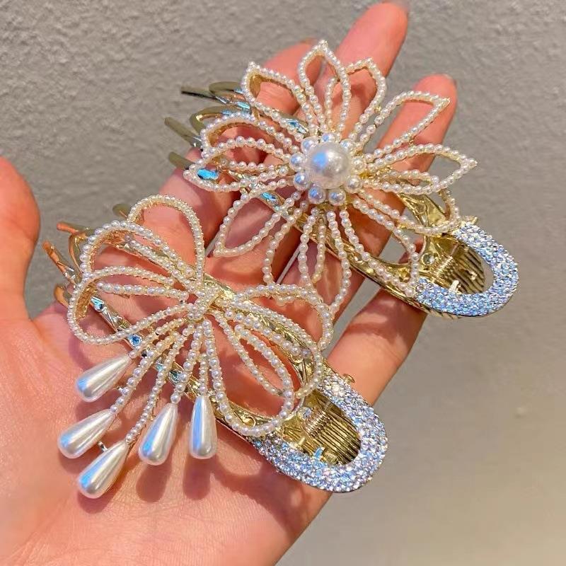 韩国珍珠花朵三齿鸭嘴夹女大号后脑勺鲨鱼夹发夹发卡头饰定制—发饰