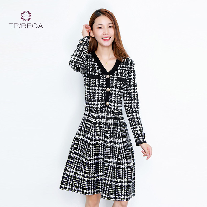 tribeca翠贝卡t95h11l652新款时尚修身格子长袖中长款连衣裙