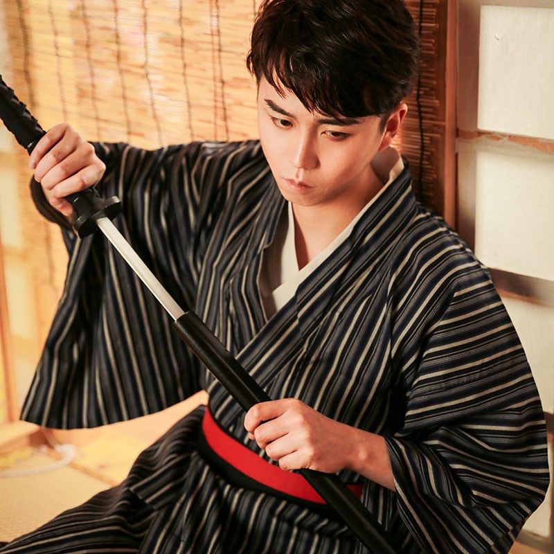(今日5.5折)日本和服男武士和服正装剑道黑色顺条纹传统夏t日祭花火大