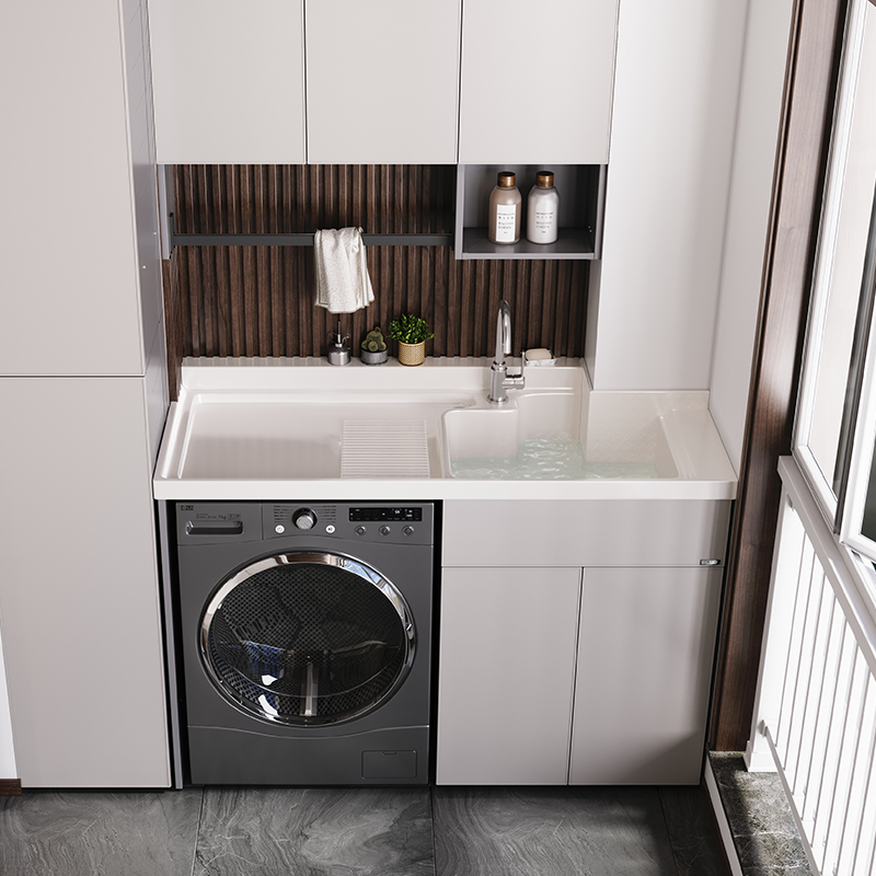 定制太空铝洗衣机柜子阳台石英石台面一体带搓板组合滚筒伴侣