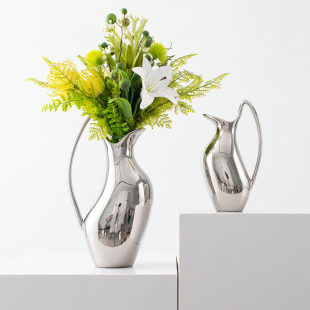 现代简约电镀银色陶瓷花瓶摆件酒店样板房家居客厅餐桌装饰品花器
