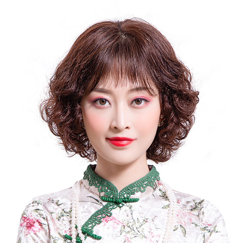 假发女士全真人发丝斜齐刘海轻薄手织中短卷发中老年妈妈全头发套