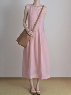 欧货时尚高级感粉色连衣裙女小个子茶歇法式漂亮减龄无袖显瘦裙子